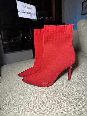 GUESS Red Knit Pointed-Toe Sock Booties with Stiletto Heel